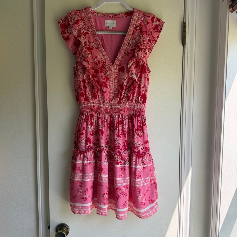 Sugarlips Pink Floral Ruffle V-Neck Smocked Mini Dress STD15014 Womens XS